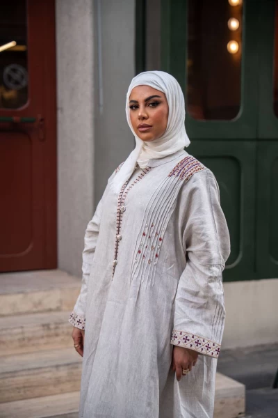 Light beige linen abaya with embroidery C:J1030