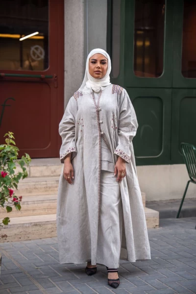 Light beige linen abaya with embroidery C:J1030